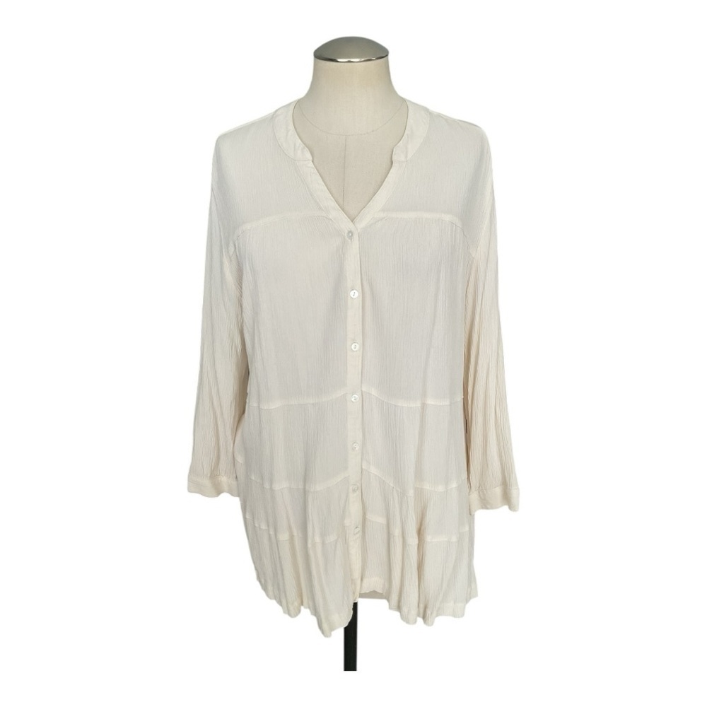 Bit & Bridle Cream Boho Peasant Tunic Top L 100% Rayon Button Front Flowy
